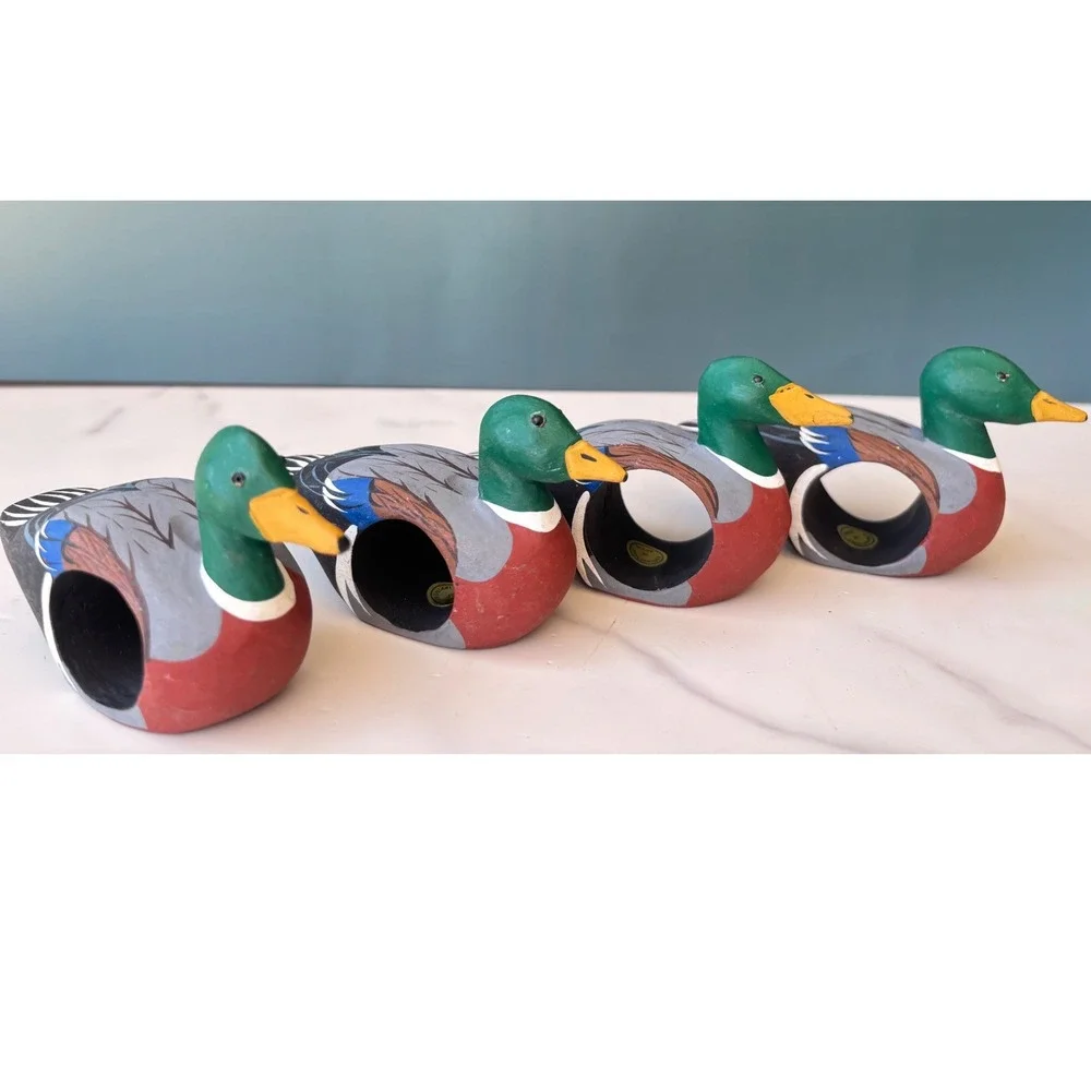 Vintage Hand Painted Wooden Mallard Duck Napkin Rings Set of 4 Philippines Made